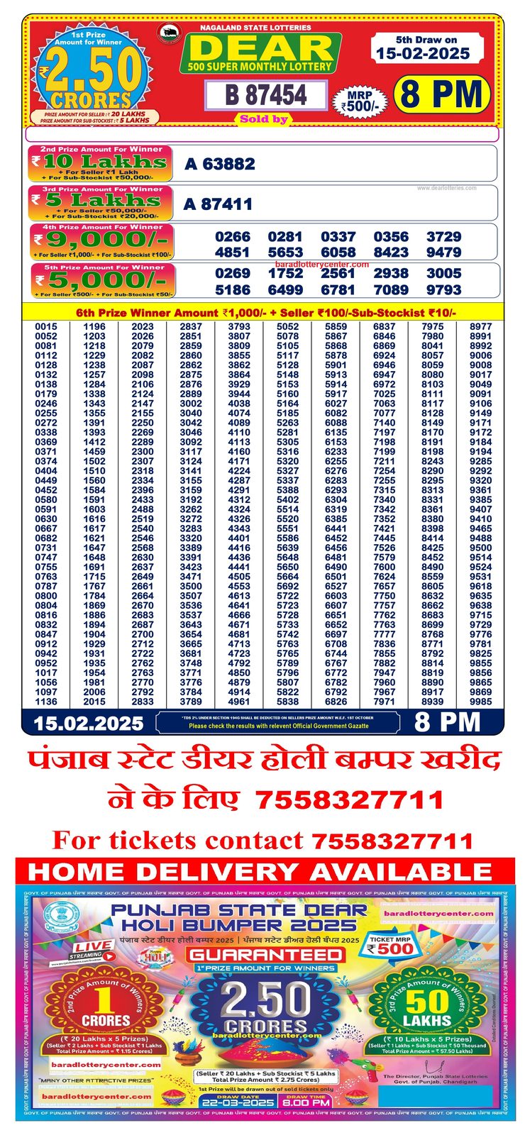 Dear 500 Super Monthly Lottery Result Draw Date 15-2-25 8PM lottery result